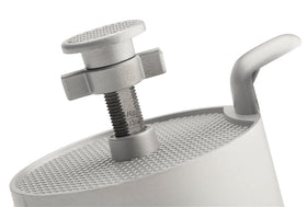 Cuisinart burger press demonstrates four-and-a-half inch patty diameter for uniform burgers.