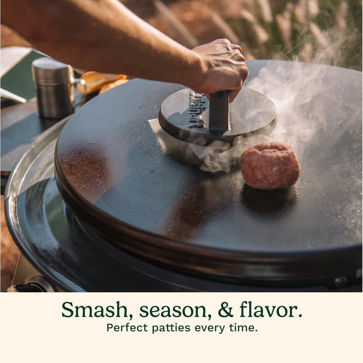 Close-up of Cuisinart burgers searing on a griddle to form a flavorful crust.