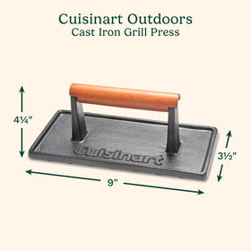Cuisinart grill press with wooden handle, side view shows cool-to-touch grip.