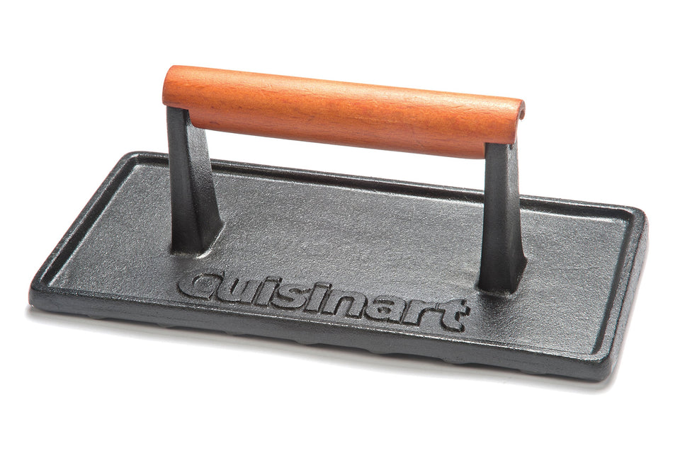 Cuisinart cast iron grill press with wooden handle, top view highlights even heat for burgers.