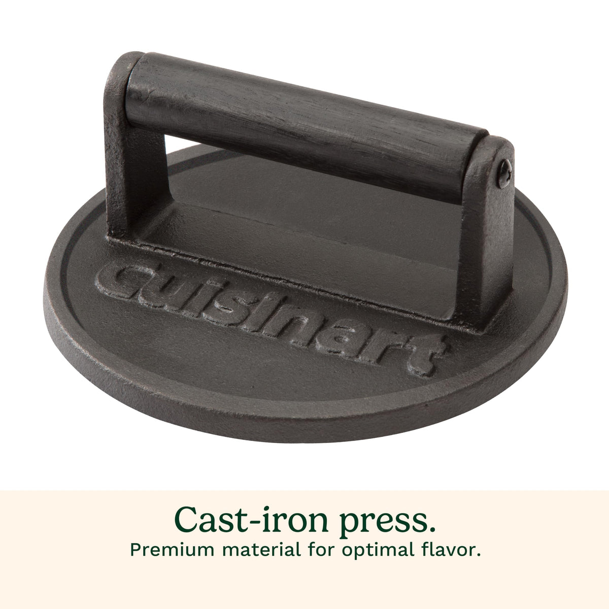 Cuisinart cast iron press with ergonomic handle ready for indoor or outdoor cooking.