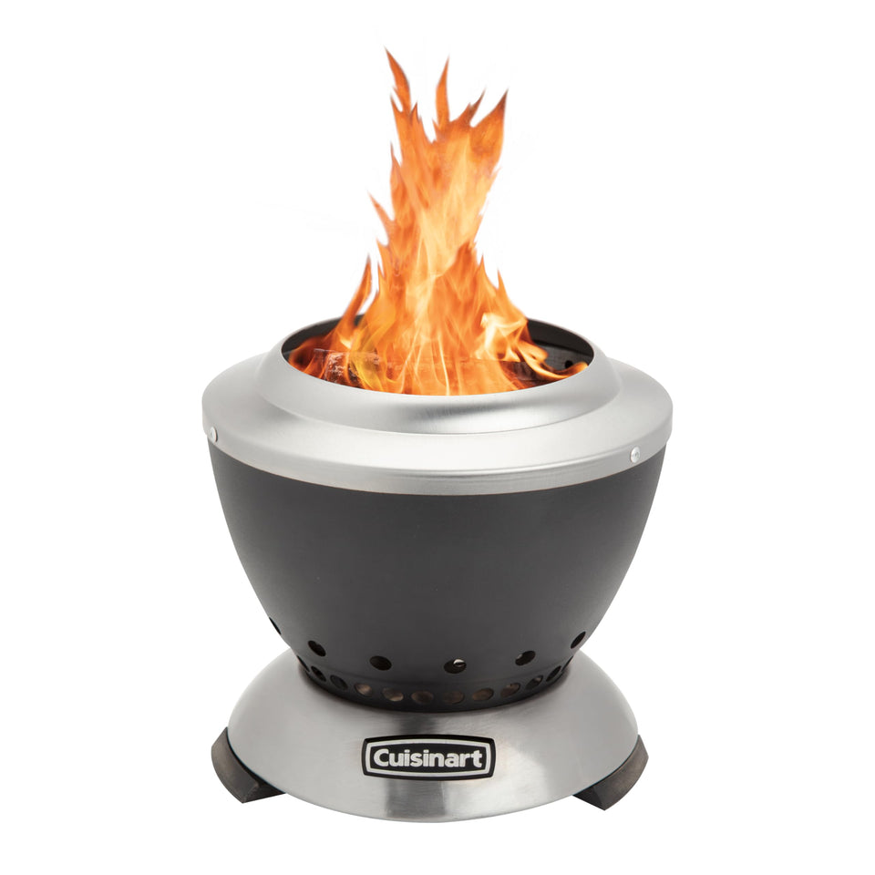 Cuisinart Cleanburn tabletop fire pit on table for cozy outdoor dining
