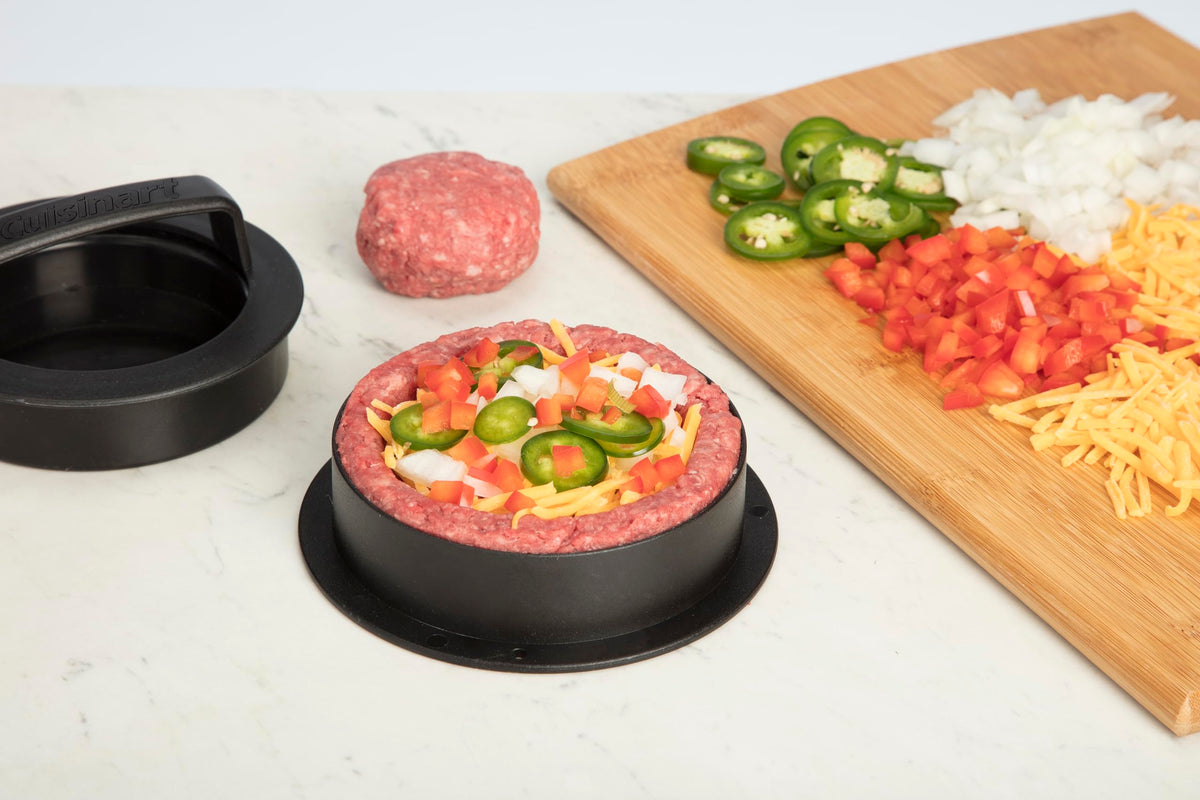 Cuisinart CSBP-200 stuffed patty ready for grilling with flavorful fillings