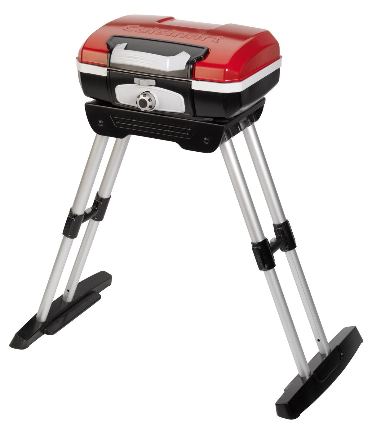 Cuisinart Petite Gourmet shows VersaStand transitioning from tabletop to freestanding for flexible grilling.