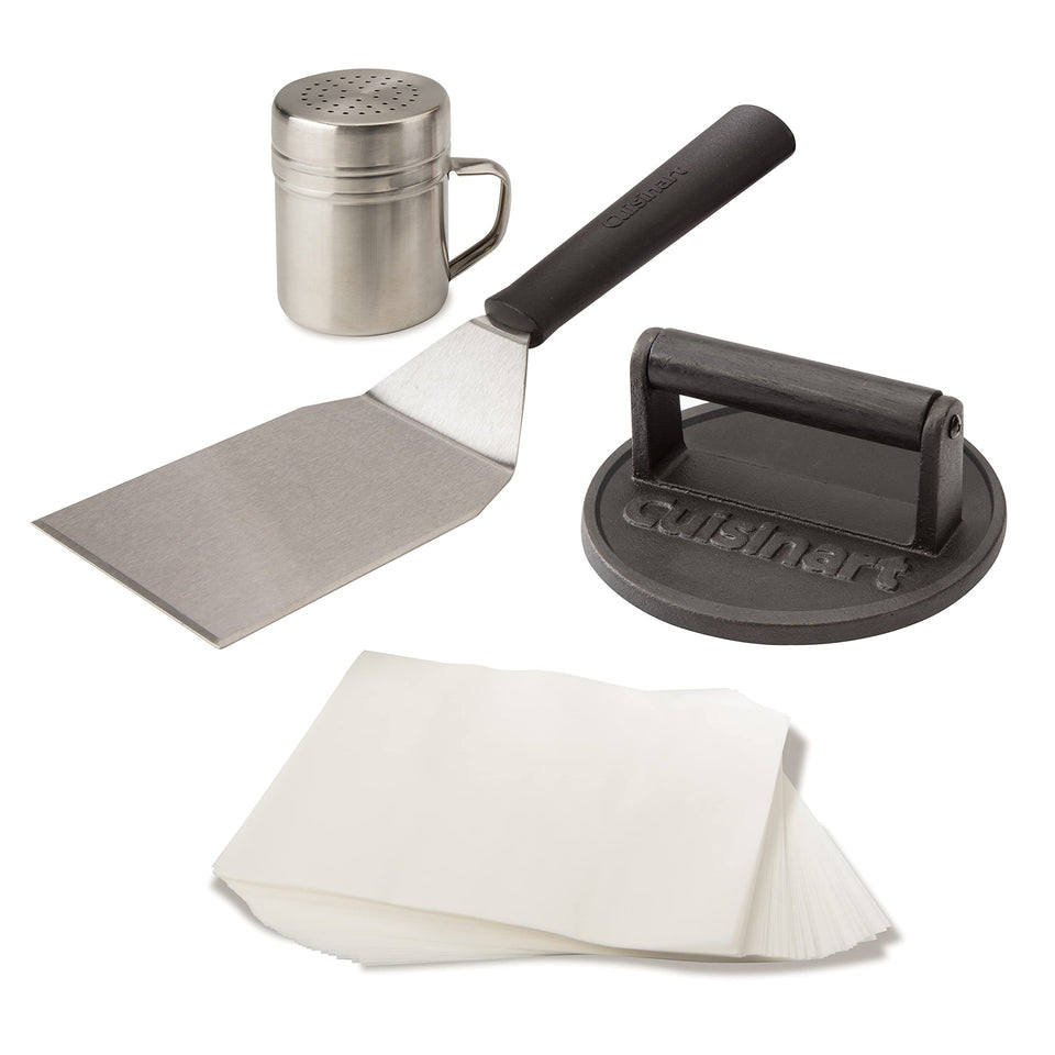Cuisinart Smash Burger Kit cast iron press shows crispy crust on patty