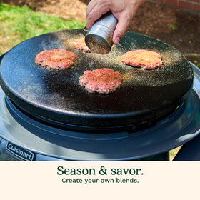 Cuisinart Smash Burger Kit on grill with sizzling burgers