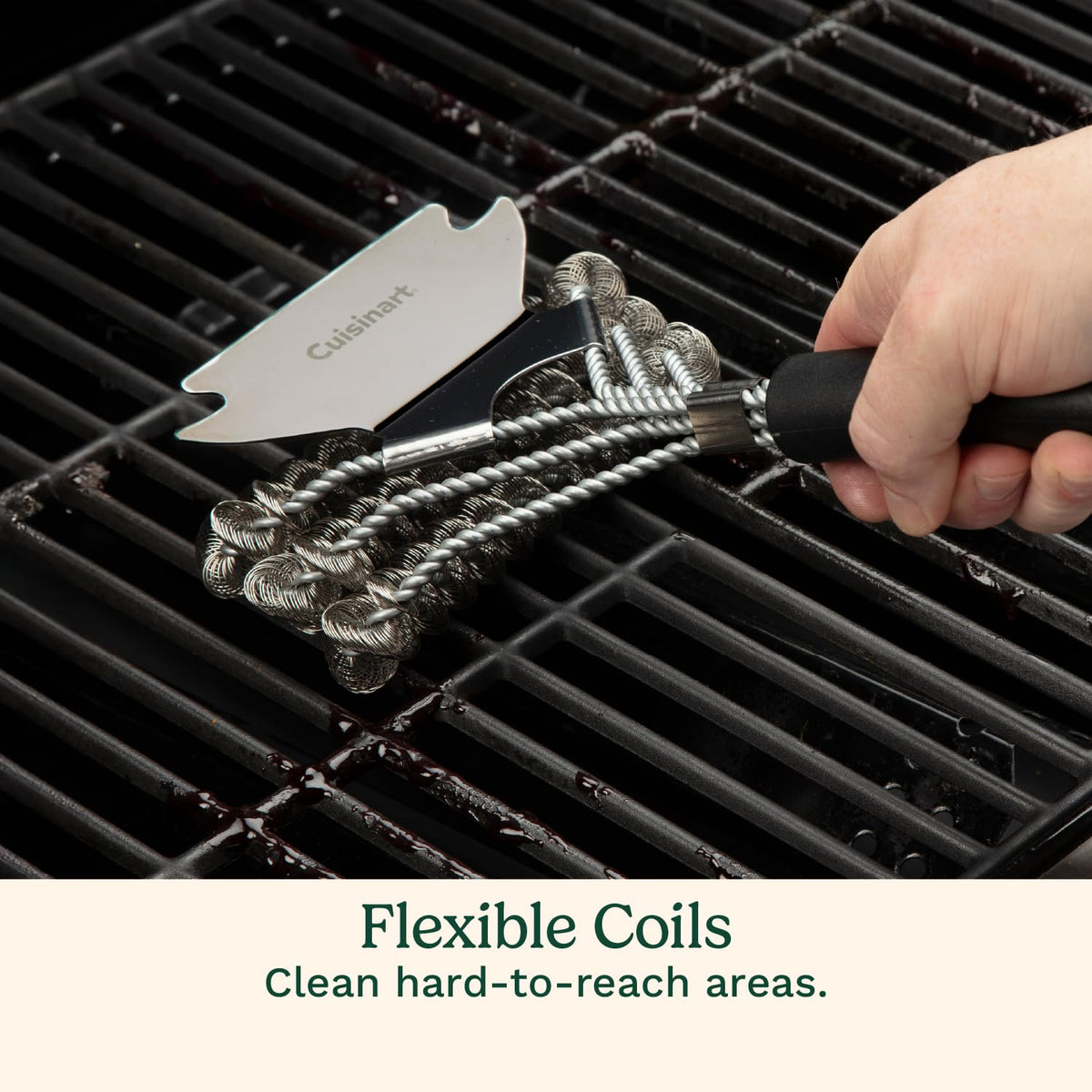 Cuisinart Triple Coil Brush wide scraper on top for stubborn residue after barbecues