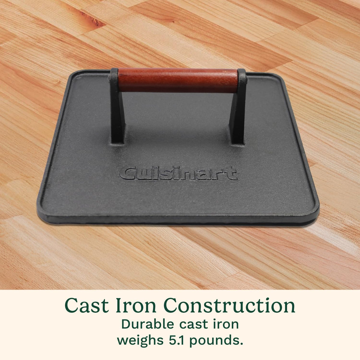 Cuisinart XL grill press on stovetop pan shows even sear and grill marks