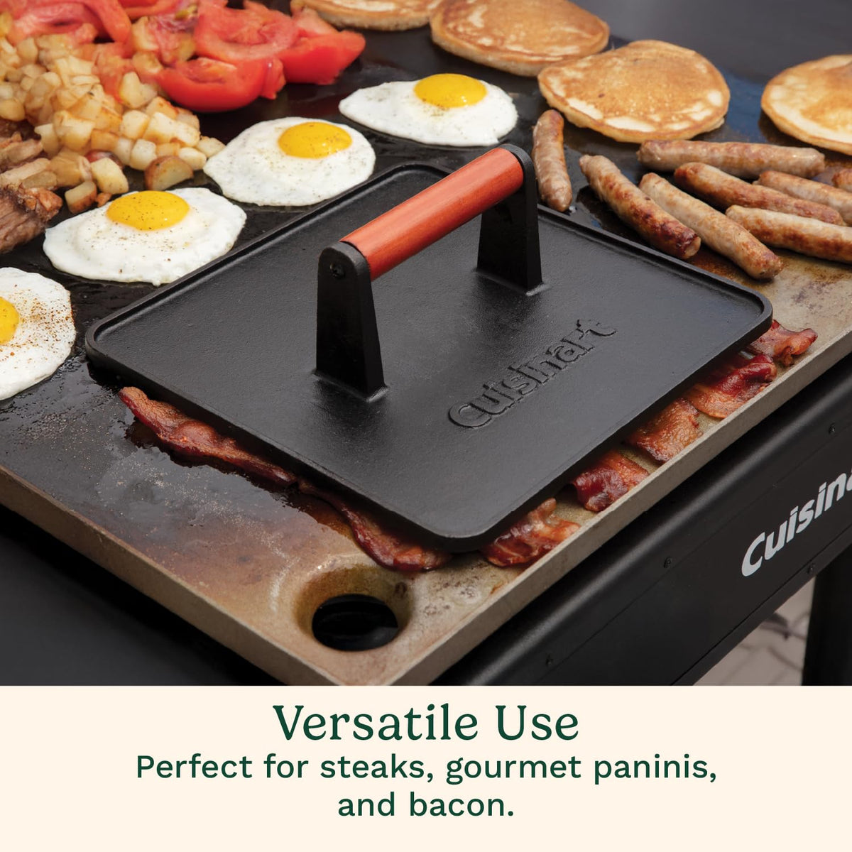 Cuisinart XL cast iron press size 10x10 inches shown for multiple burgers