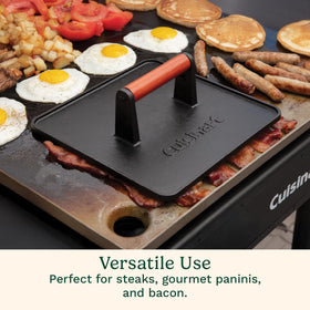 Cuisinart XL cast iron press size 10x10 inches shown for multiple burgers