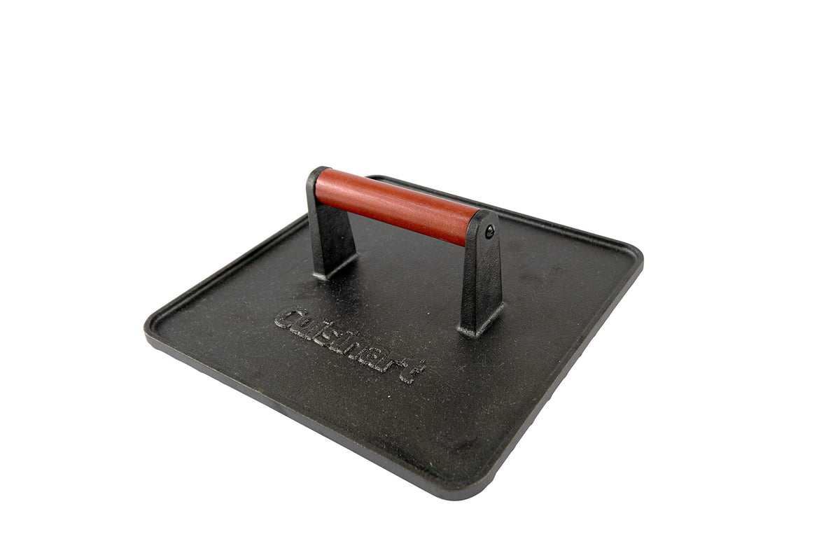 Cuisinart XL cast iron grill press top view showing large 10x10 surface for even grilling