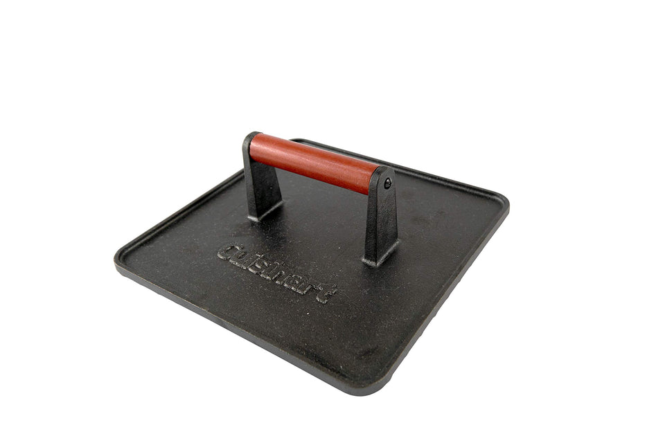 Cuisinart XL cast iron grill press top view showing large 10x10 surface for even grilling