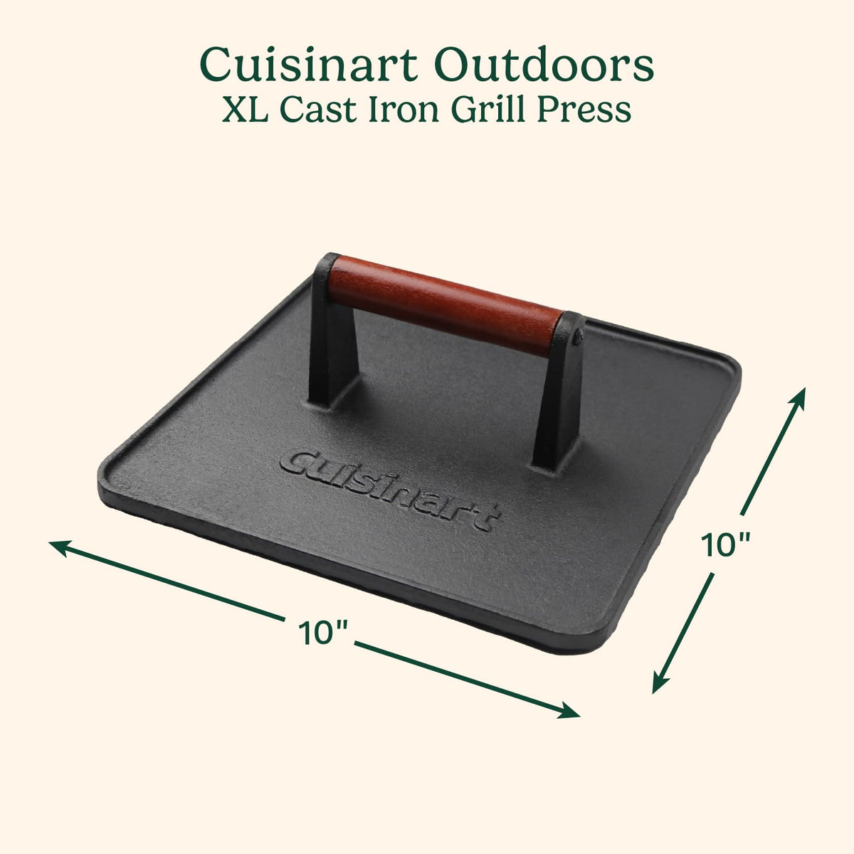 Cuisinart XL cast iron grill press wooden handle close-up highlighting stay-cool grip