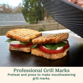 Cuisinart XL grill press searing burgers on cast iron with professional-looking crust