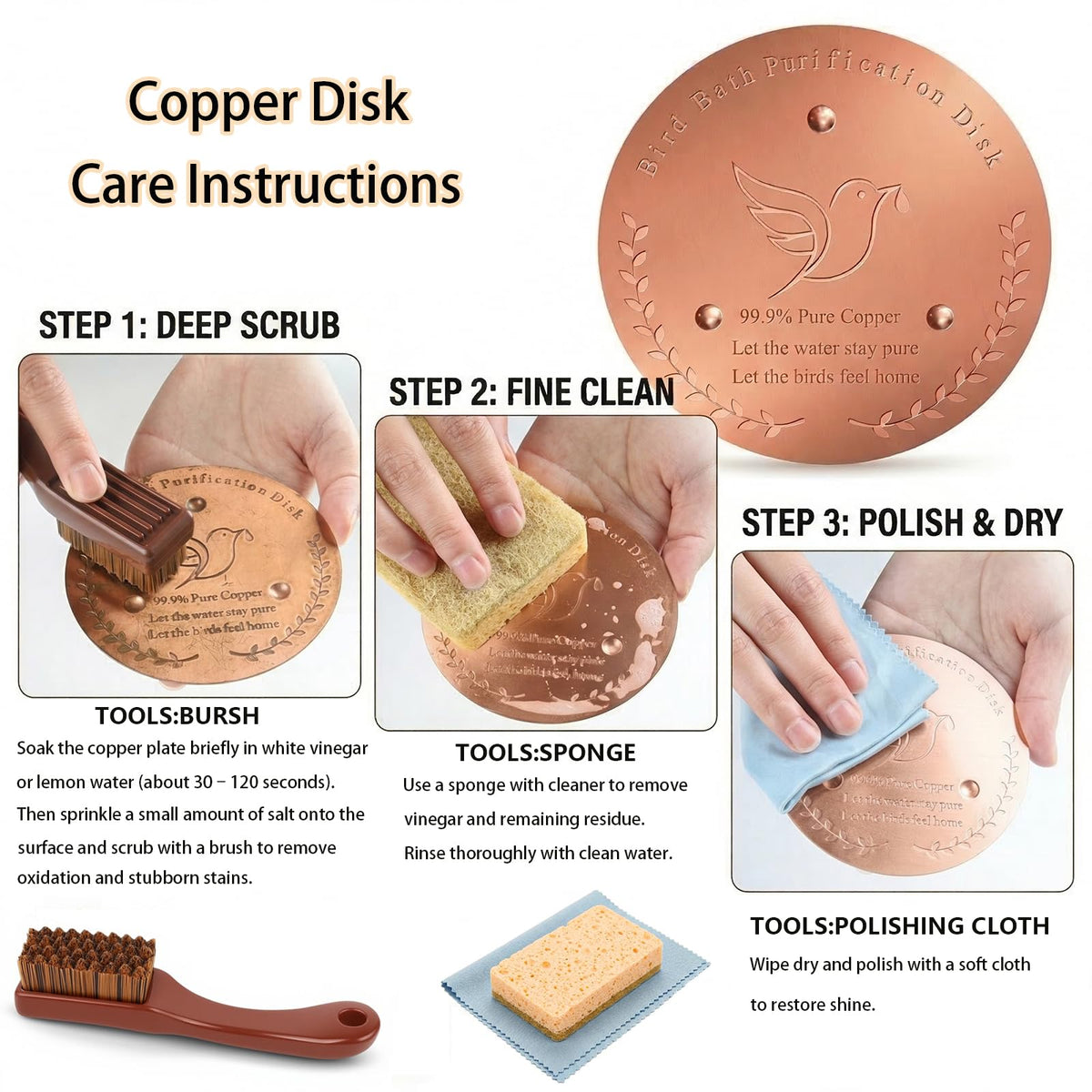 Cunuwo copper disk in bird bath, side view shows stable design.