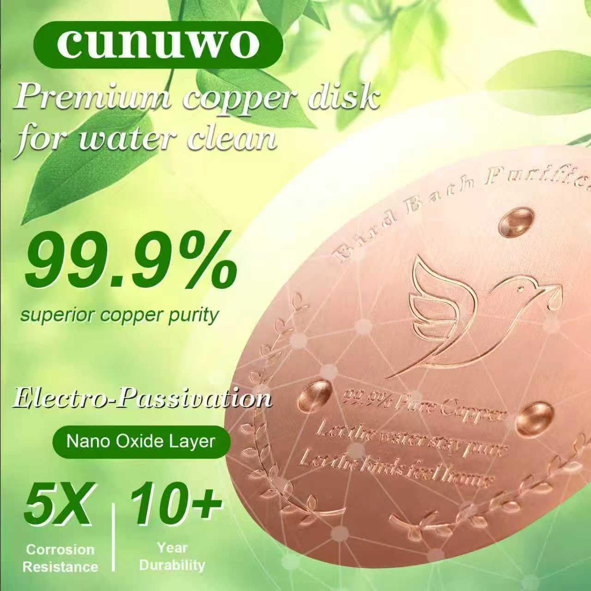 Cunuwo copper disk with three-point support in basin for stability.