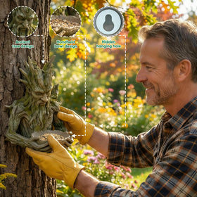 Cuoct tree-faces decor adds charm while supporting small birds.