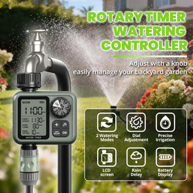 Curety Sprinkler Timer back panel showing controls and power port.