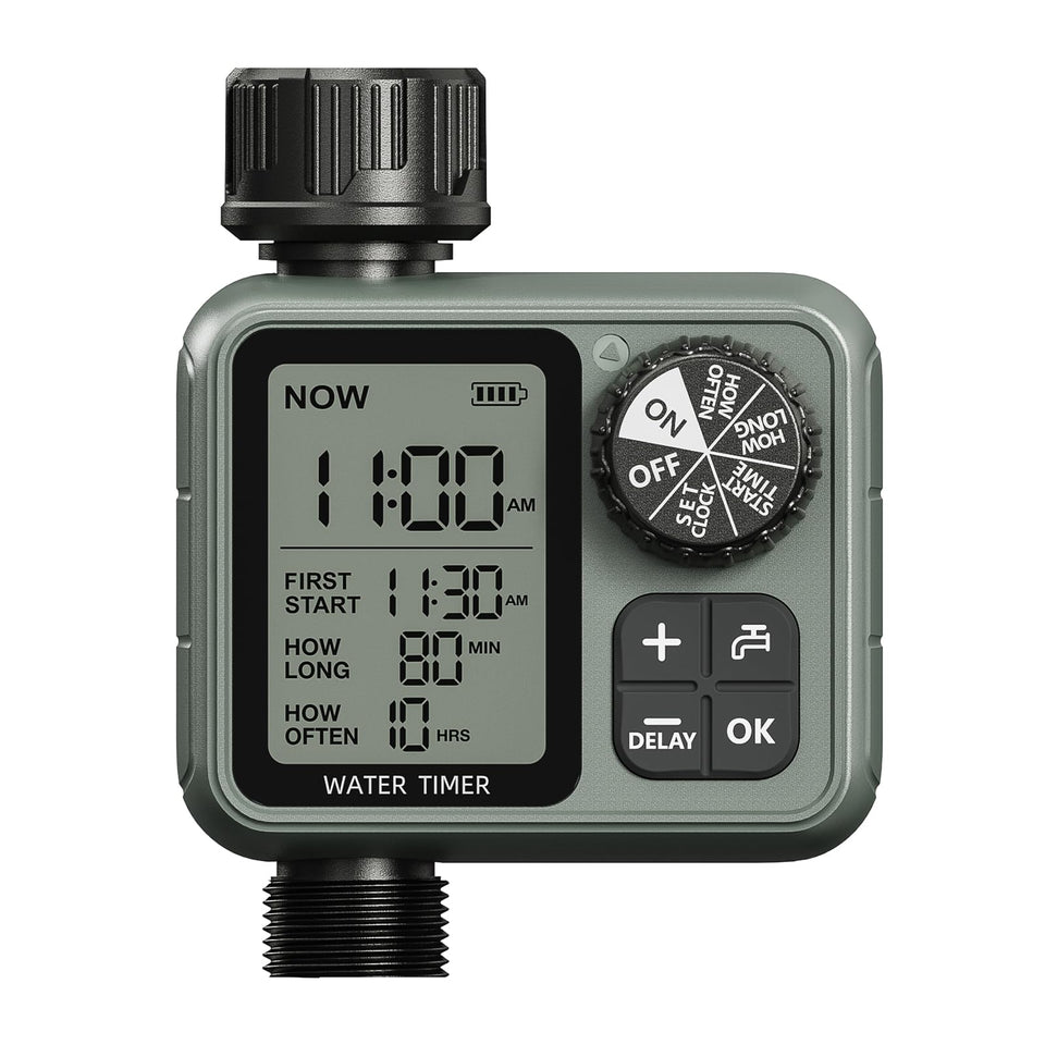 Curety Sprinkler Timer front view with large LCD for precise scheduling.
