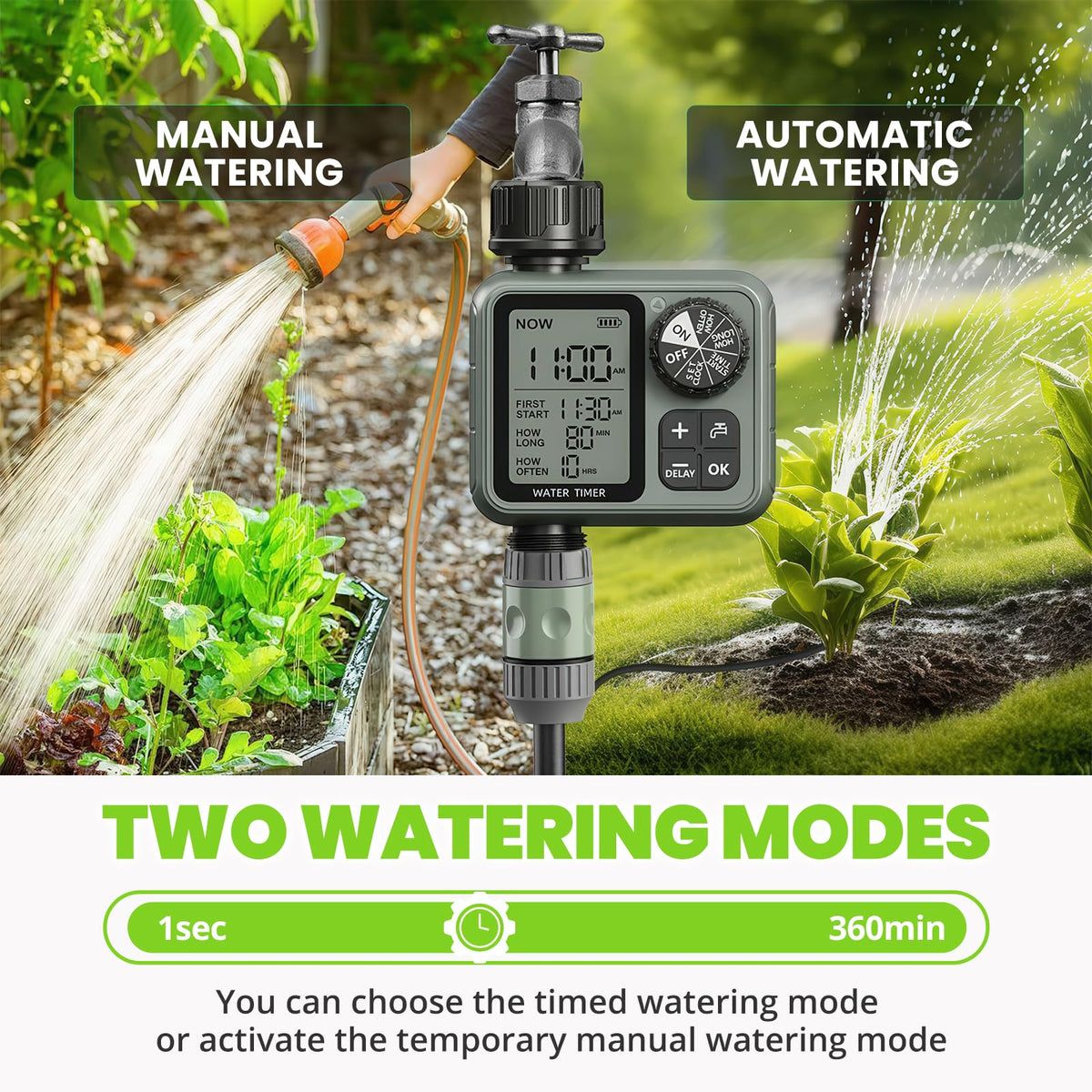 Curety Sprinkler Timer with Rain Delay feature easing garden planning.