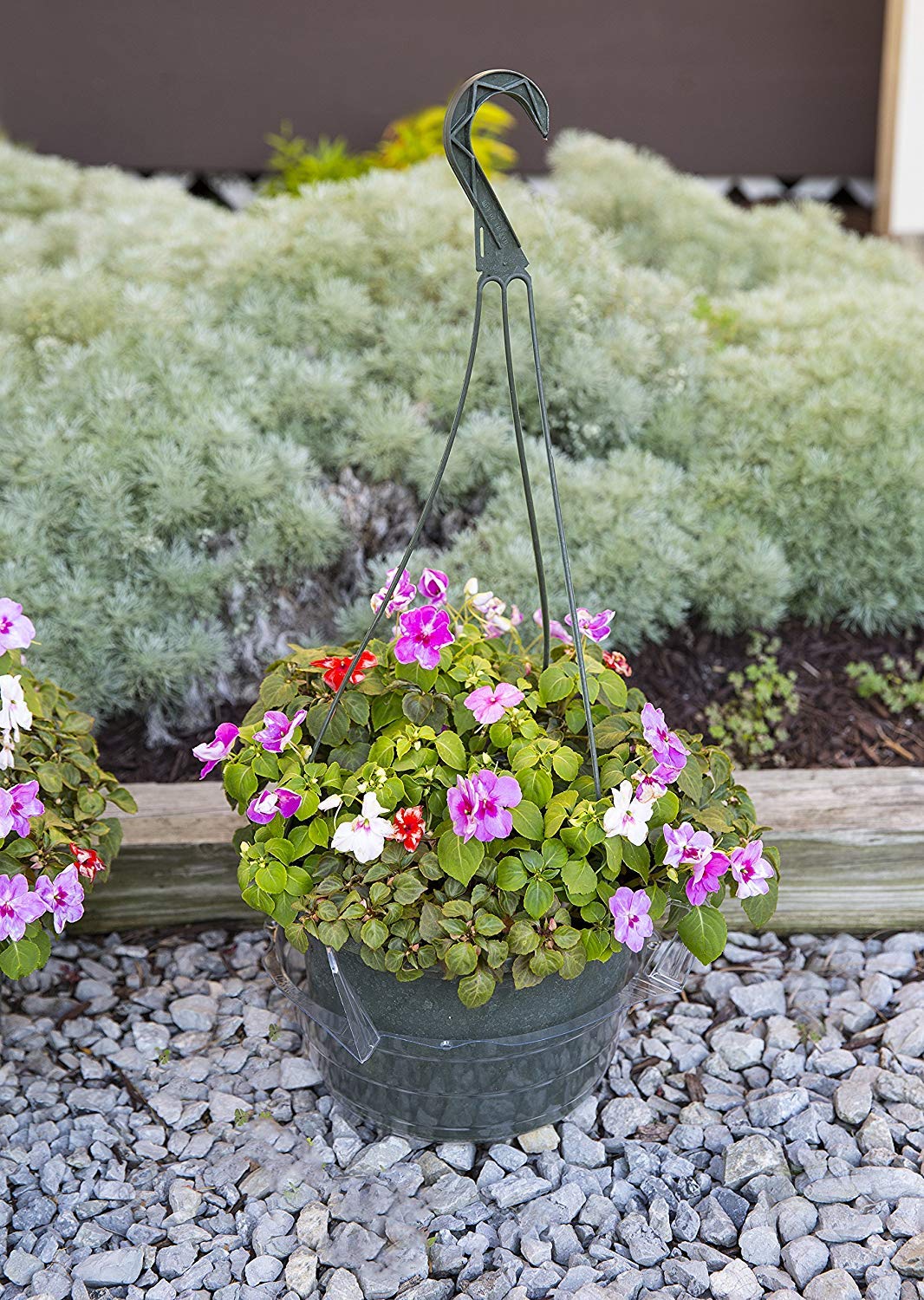 Curtis Wagner drip pan saucer reduces mess and water runoff from hanging baskets.