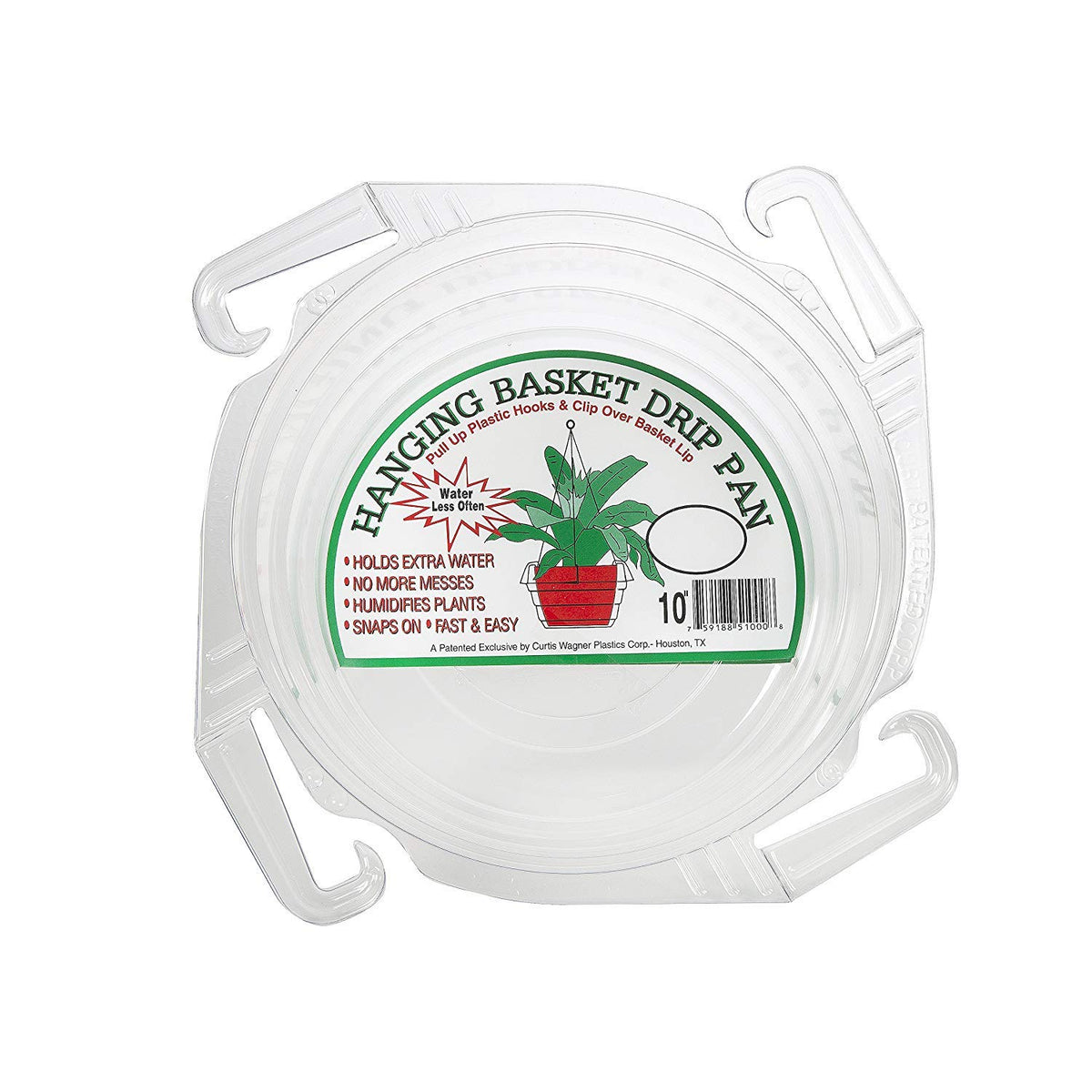 Curtis Wagner 10-inch clear drip pan saucer for hanging baskets keeps moisture contained.