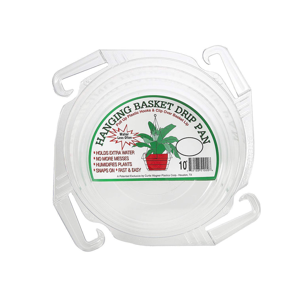 Curtis Wagner 10-inch clear drip pan saucer for hanging baskets keeps moisture contained.