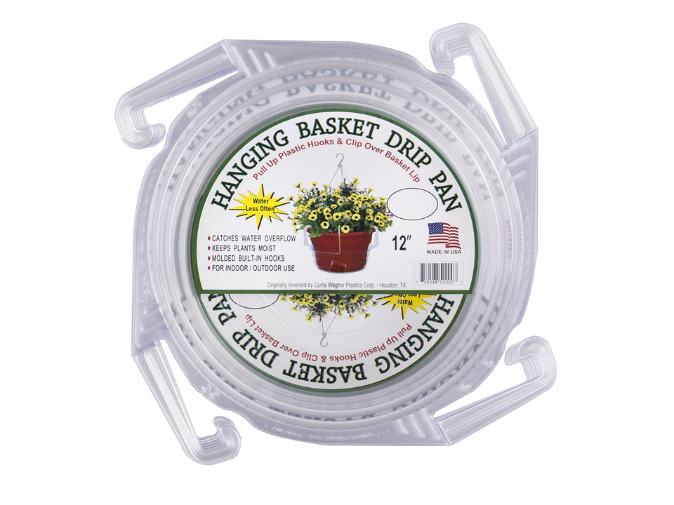 Curtis Wagner 12-inch clear hanging basket drip pan saucer prevents spills and keeps pots dry