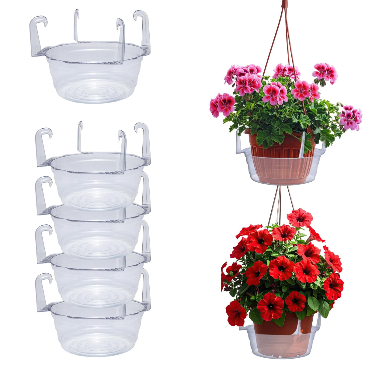 Curtis Wagner Plastics drip pan for hanging baskets, clear and floor-protecting.