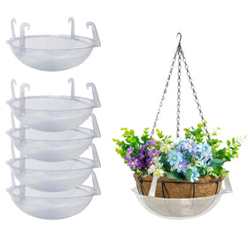 Curtis Wagner Plastics drip pan with hooks under coco hanging basket for secure drainage.