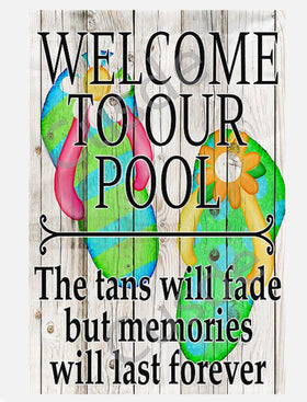 Cusde pool tin sign with welcome message, ideal poolside decor.