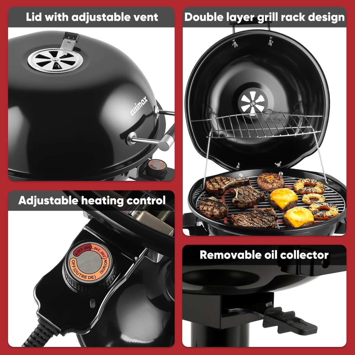CUSIMAX grease tray removable keeps cleanup simple after grilling sessions.