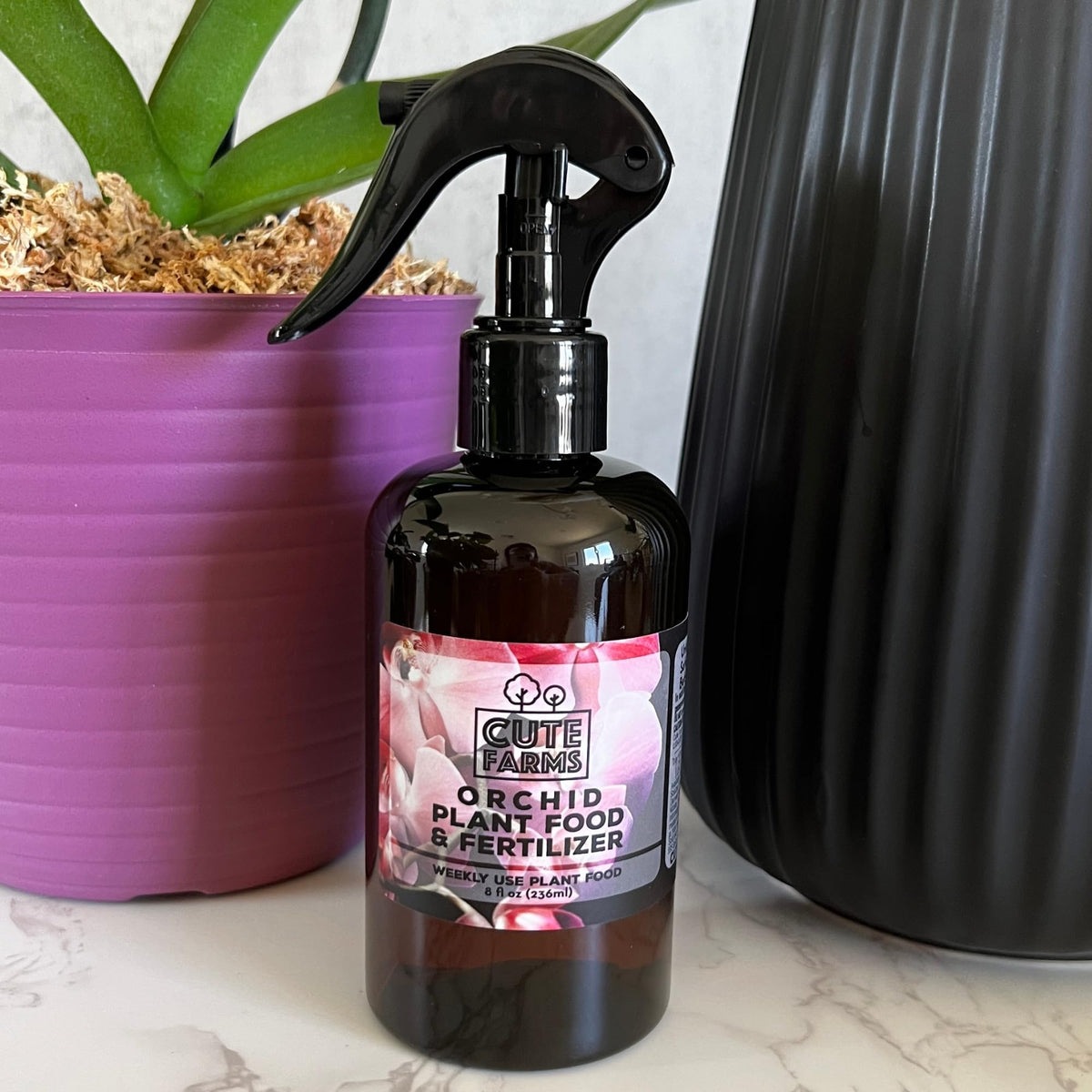Cute Farms 8oz bottle label, ready for weekly orchid care.