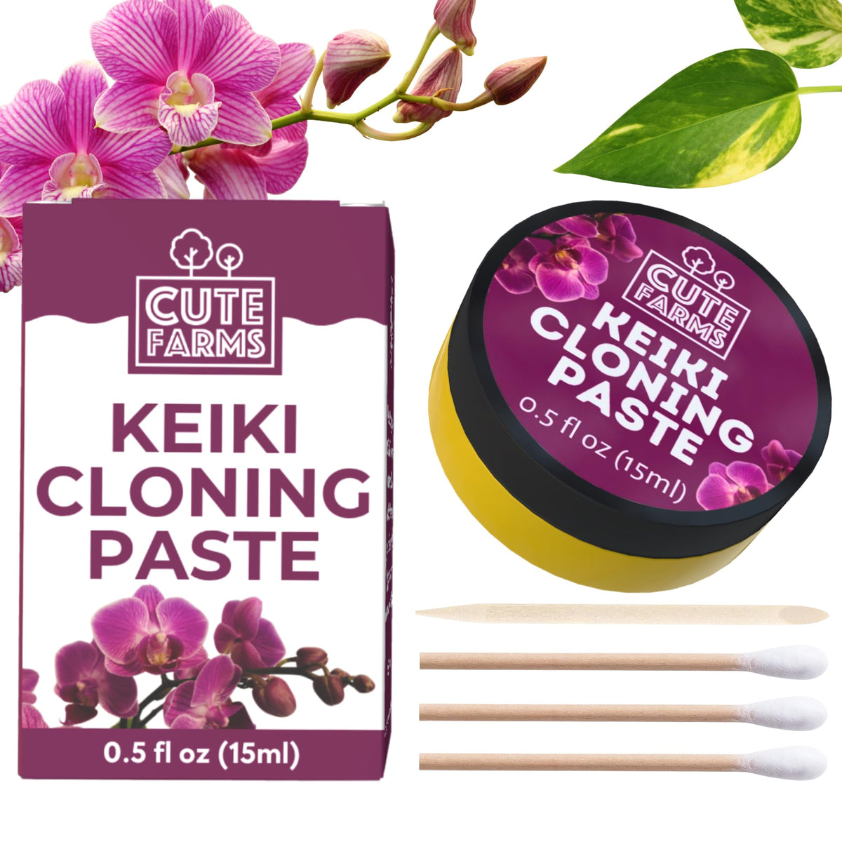 Cute Farms Keiki Cloning Paste jar front showing 0.5 oz, supports orchid cloning.