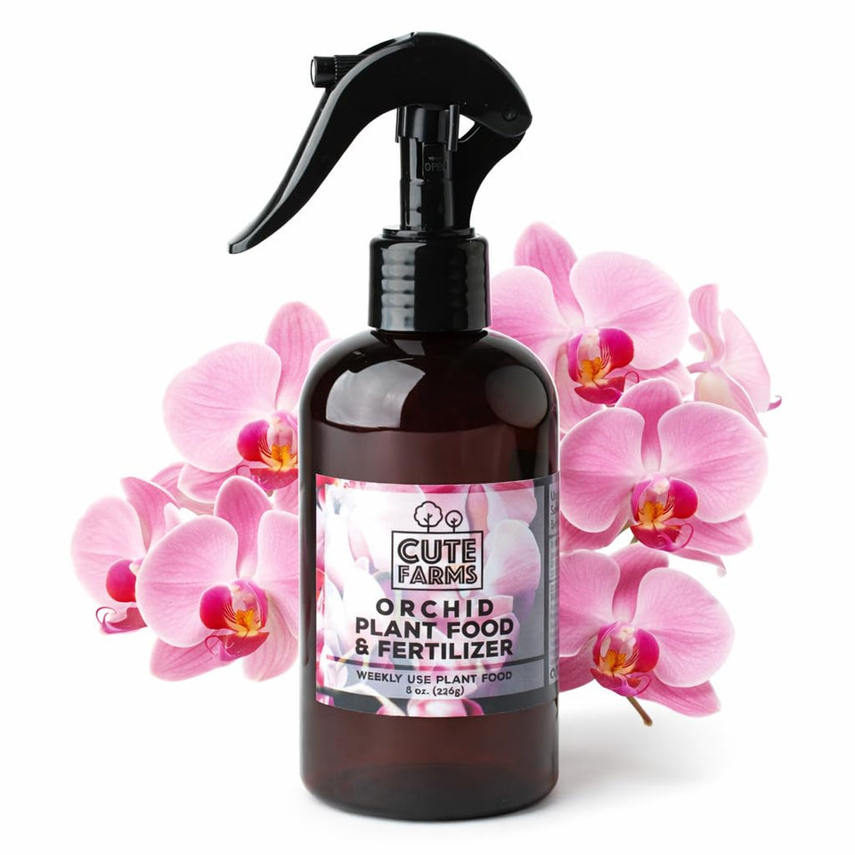 Cute Farms Orchid Plant Food Mist bottle ready for easy spraying on leaves.