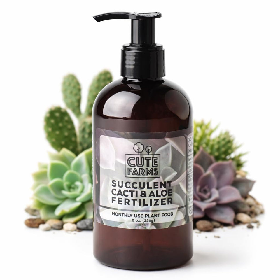 Cute Farms succulent fertilizer bottle pump enables easy monthly feeding.