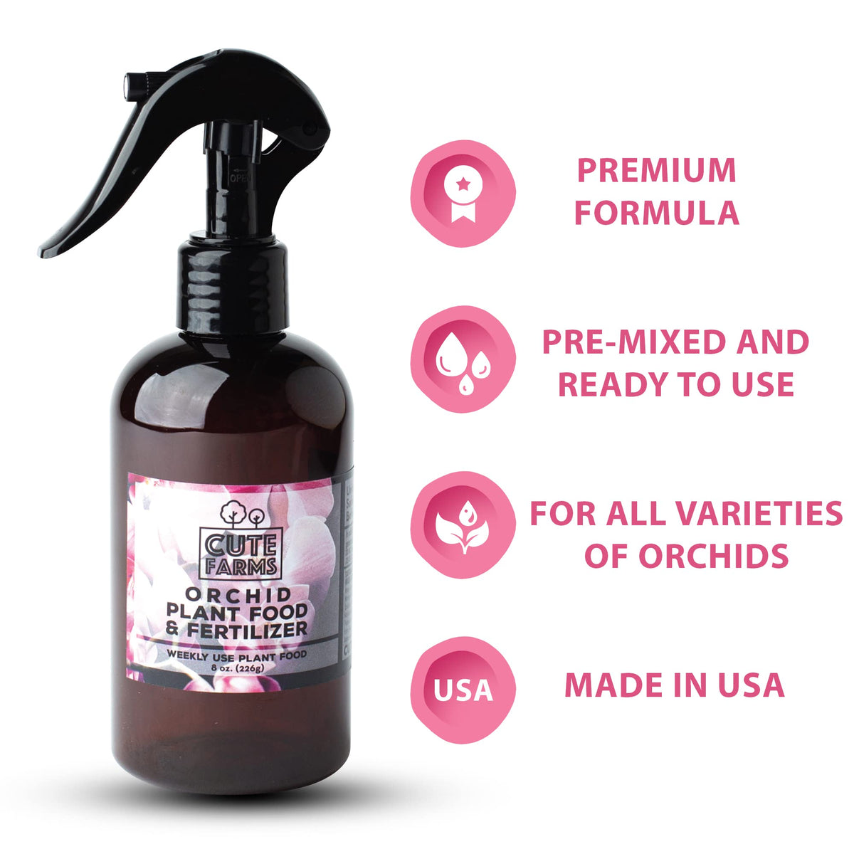 Cute Farms US-made packaging for Orchid Plant Food Mist, convenient home use.