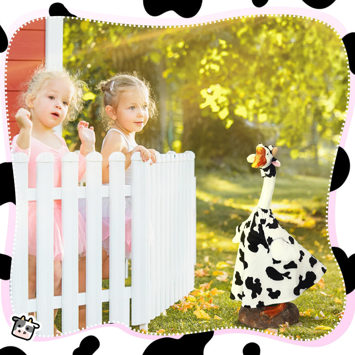 Cutecrop cow-design goose clothes brighten garden with whimsical style.