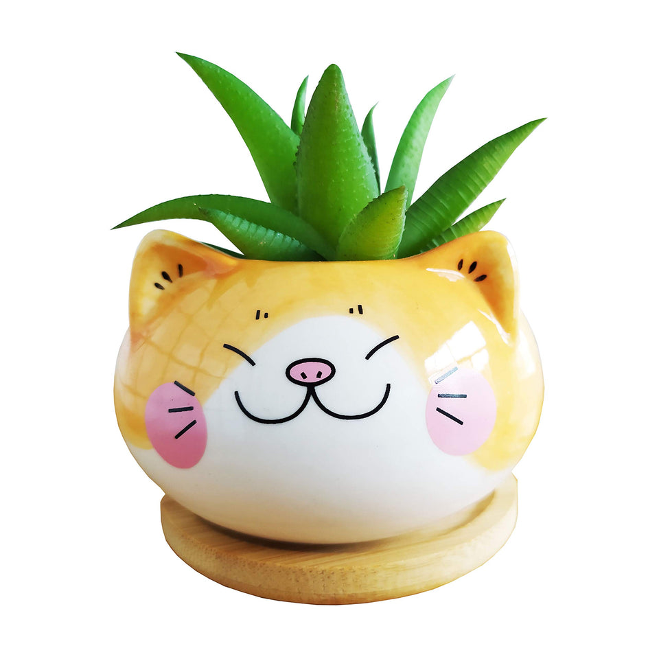 Cuteforyou cute cat pot yellow with bamboo tray for desk decor