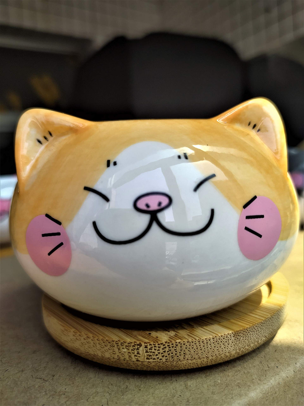 Cuteforyou yellow cat pot on tray enhances home office aesthetics