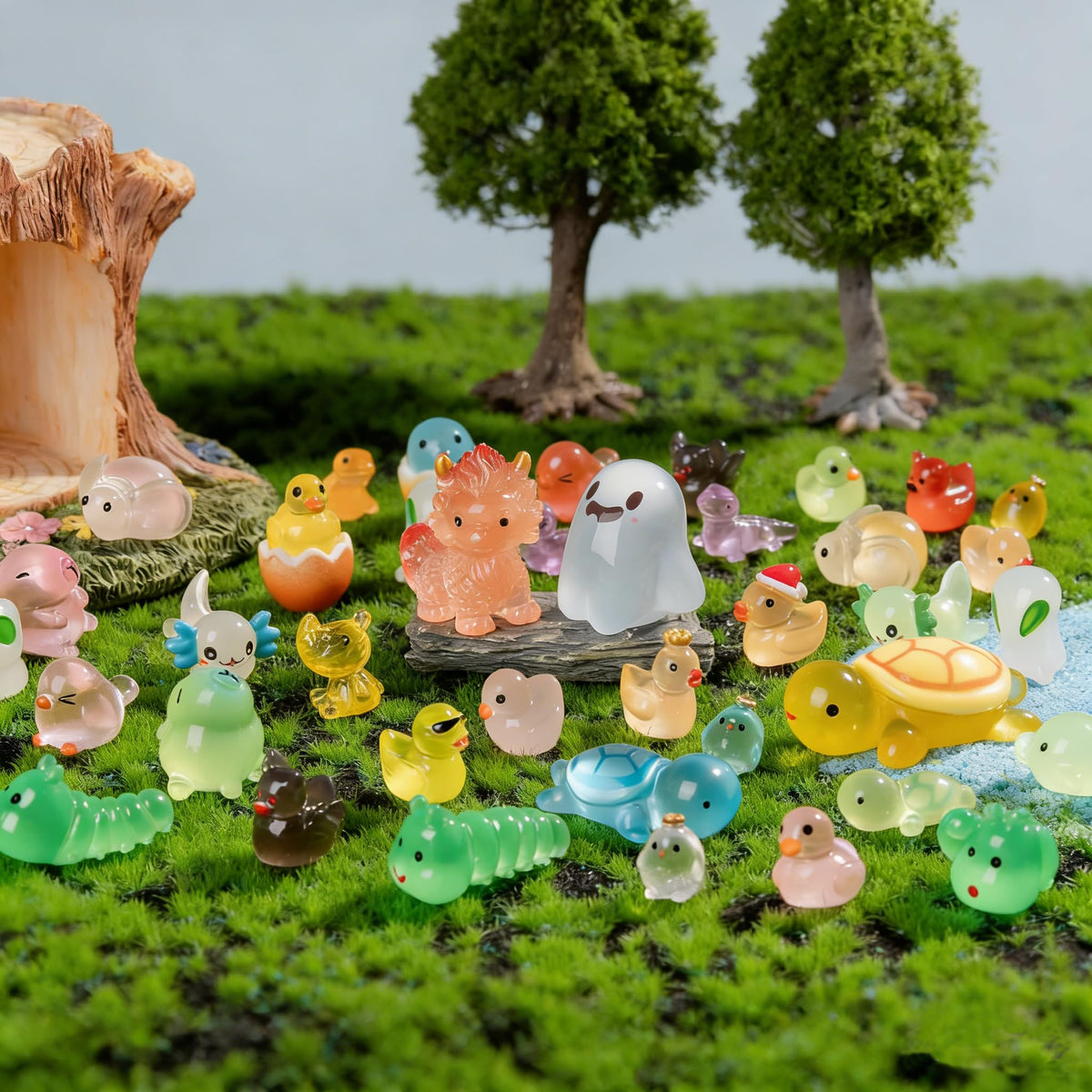 Cuteseven glow mini animals arranged in a terrarium setting for display