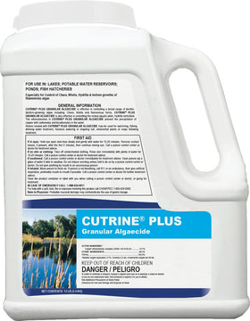 Cutrine-Plus granular algaecide bag ready for lake and pond treatment.