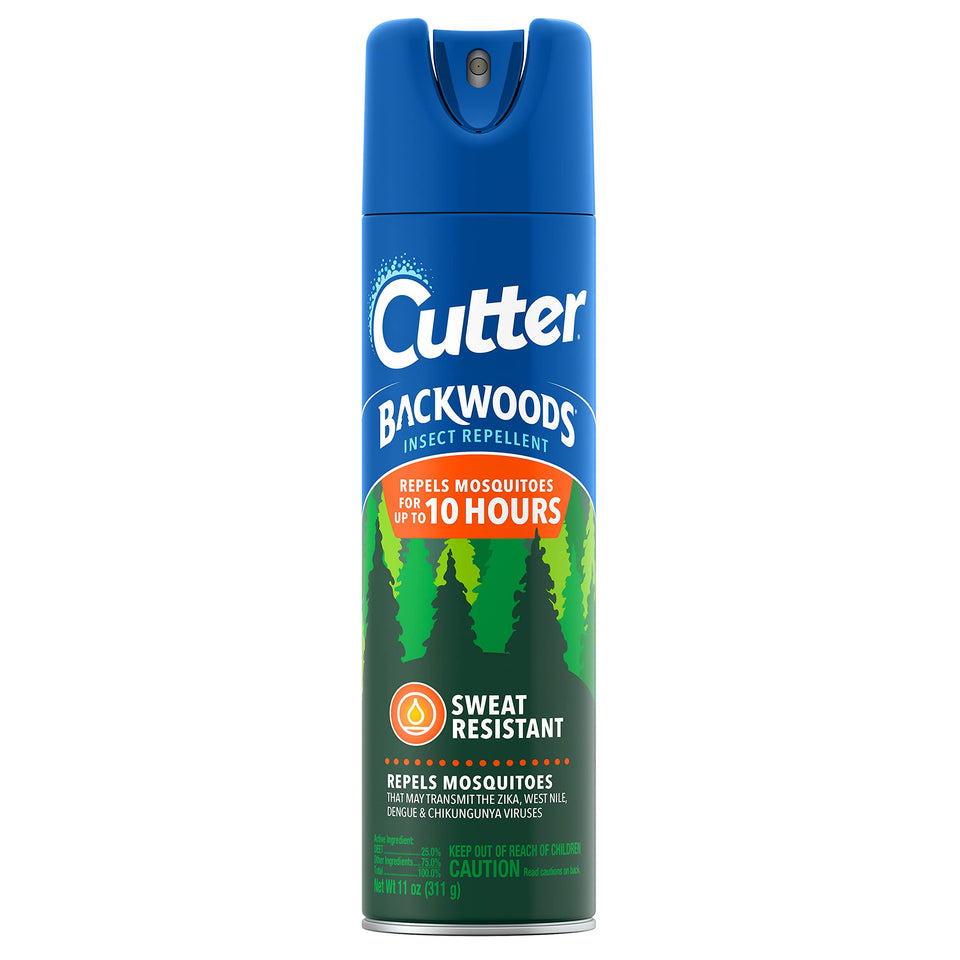 Cutter Backwoods insect repellent aerosol can ready for outdoor protection against mosquitoes.