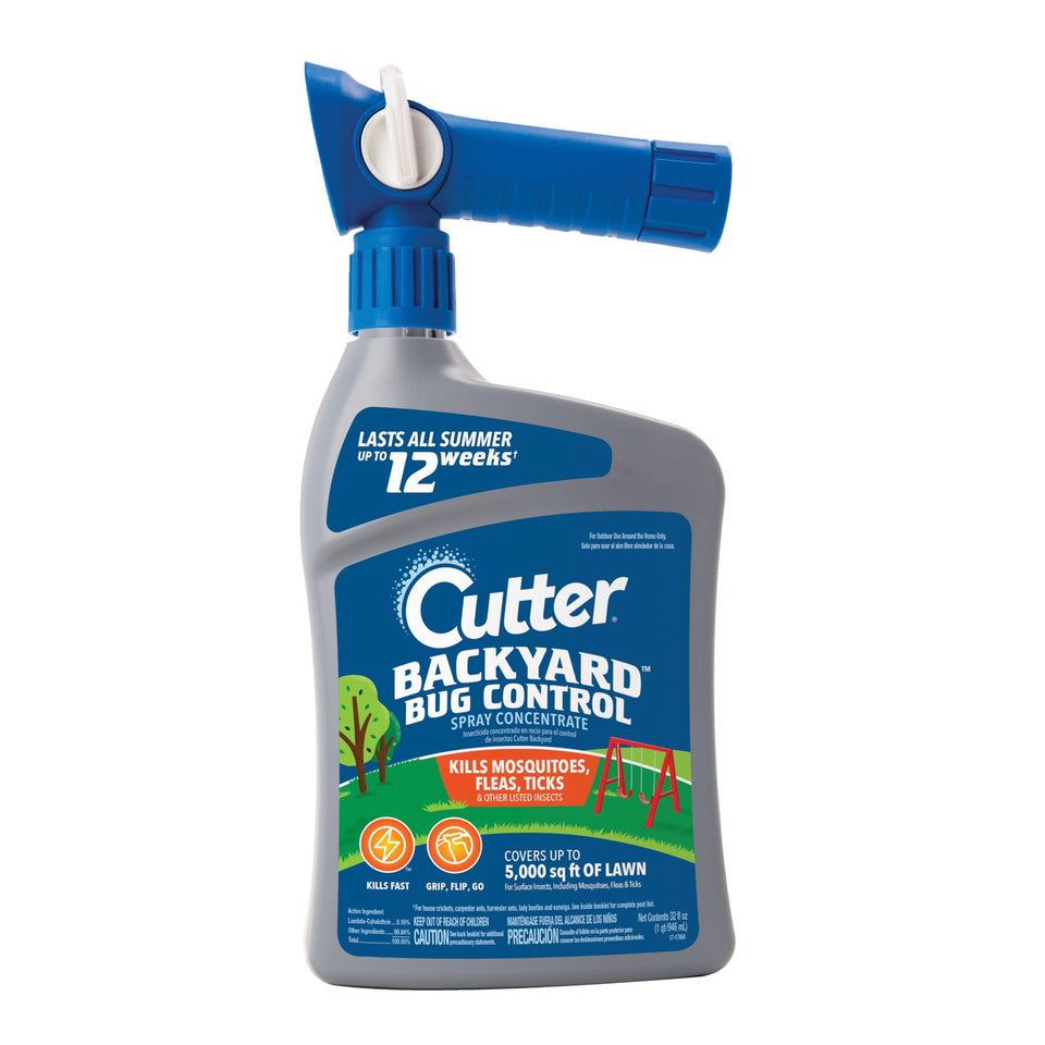 Cutter Backyard Bug Control bottle label showing hose-end spray use for outdoor pest control