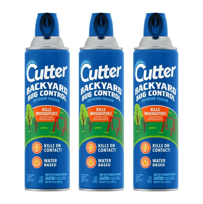 Cutter Backyard Bug Control fogger bottle for quick outdoor insect protection.