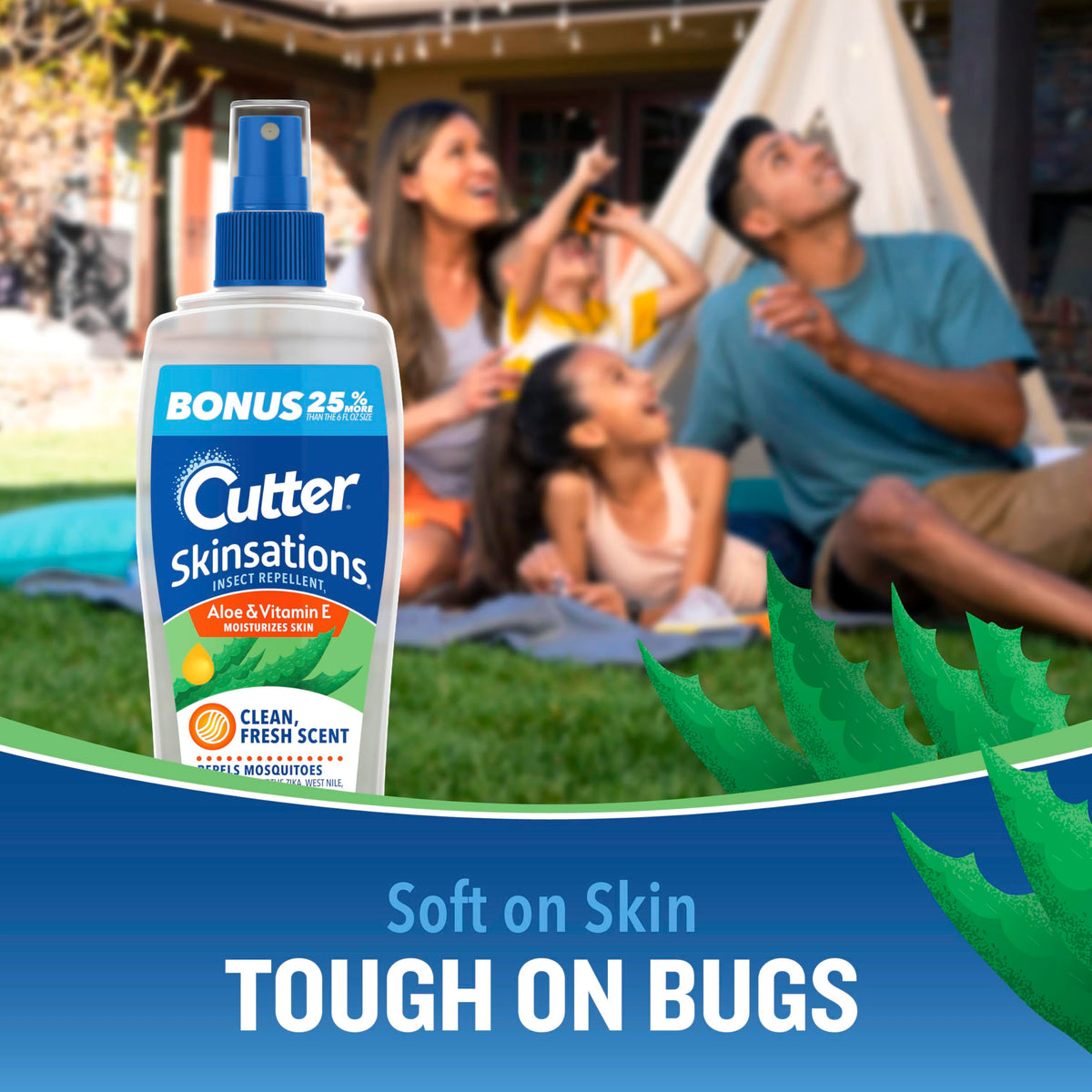 Cutter Skinsations bottle side highlights fresh scent and non-greasy feel on skin