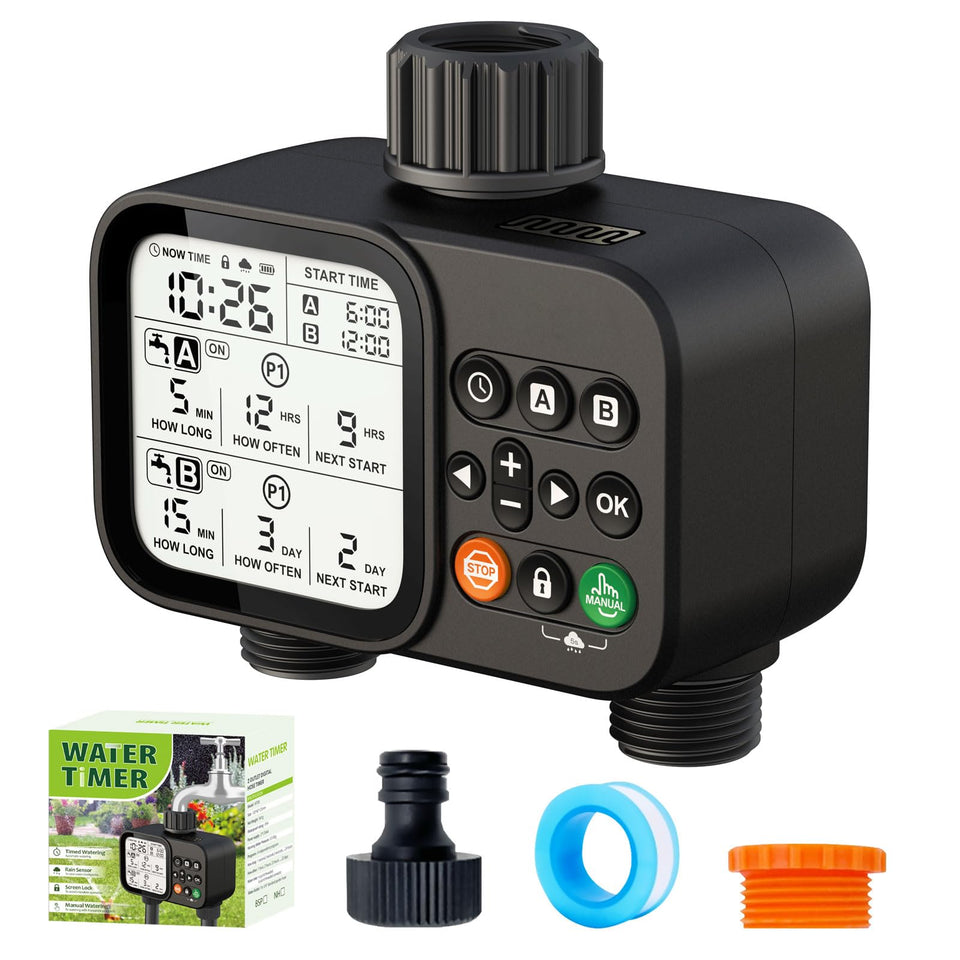 Cuxichuxinxi sprinkler timer 2-zone controller enabling precise yard irrigation.
