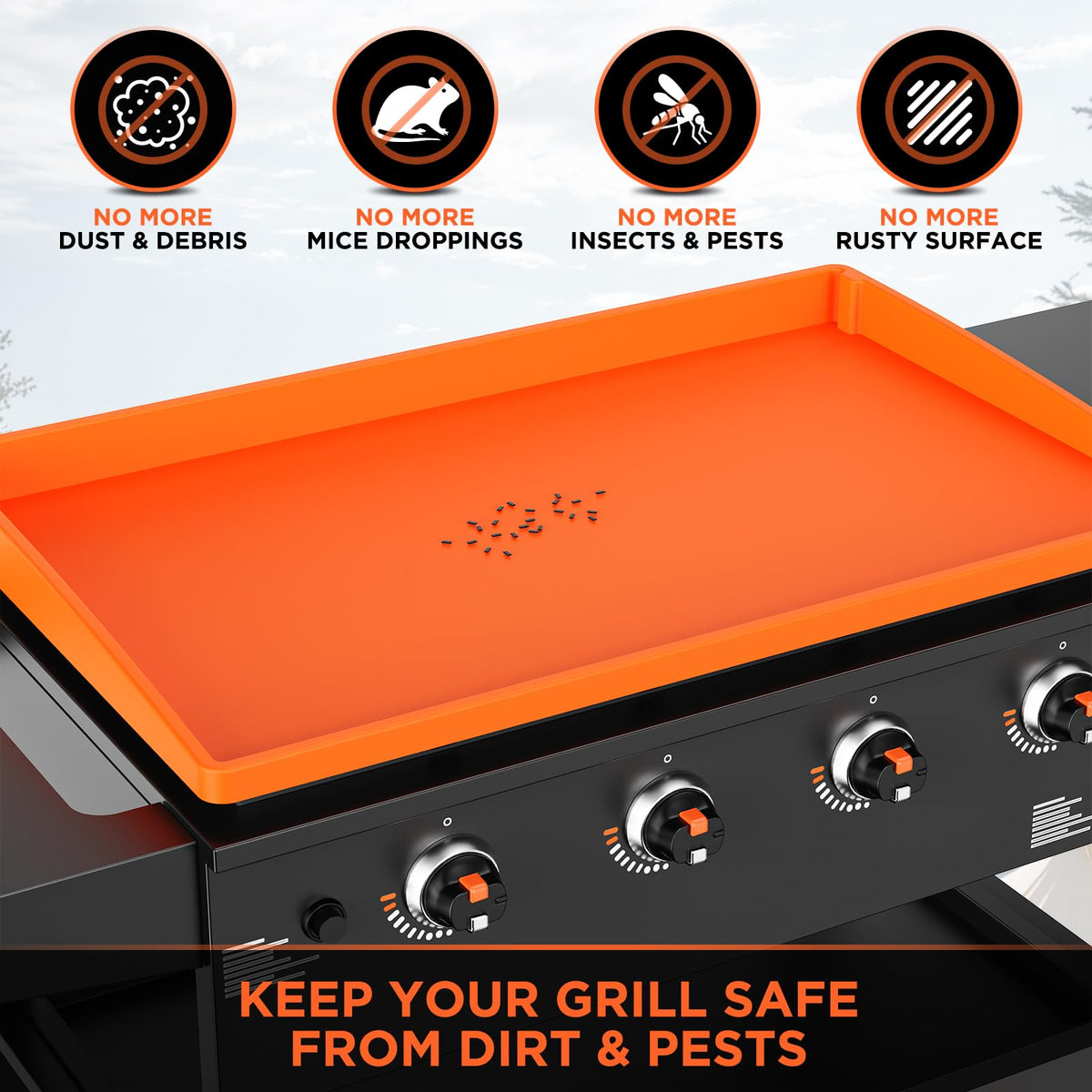 Cxesp mat shields against dust and moisture on a Blackstone griddle surface.