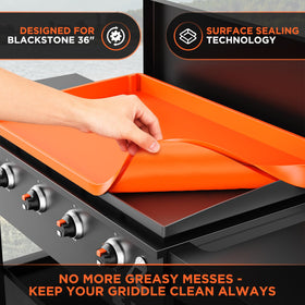 Cxesp mat showing raised edge to contain spills on a Blackstone 36-inch griddle.