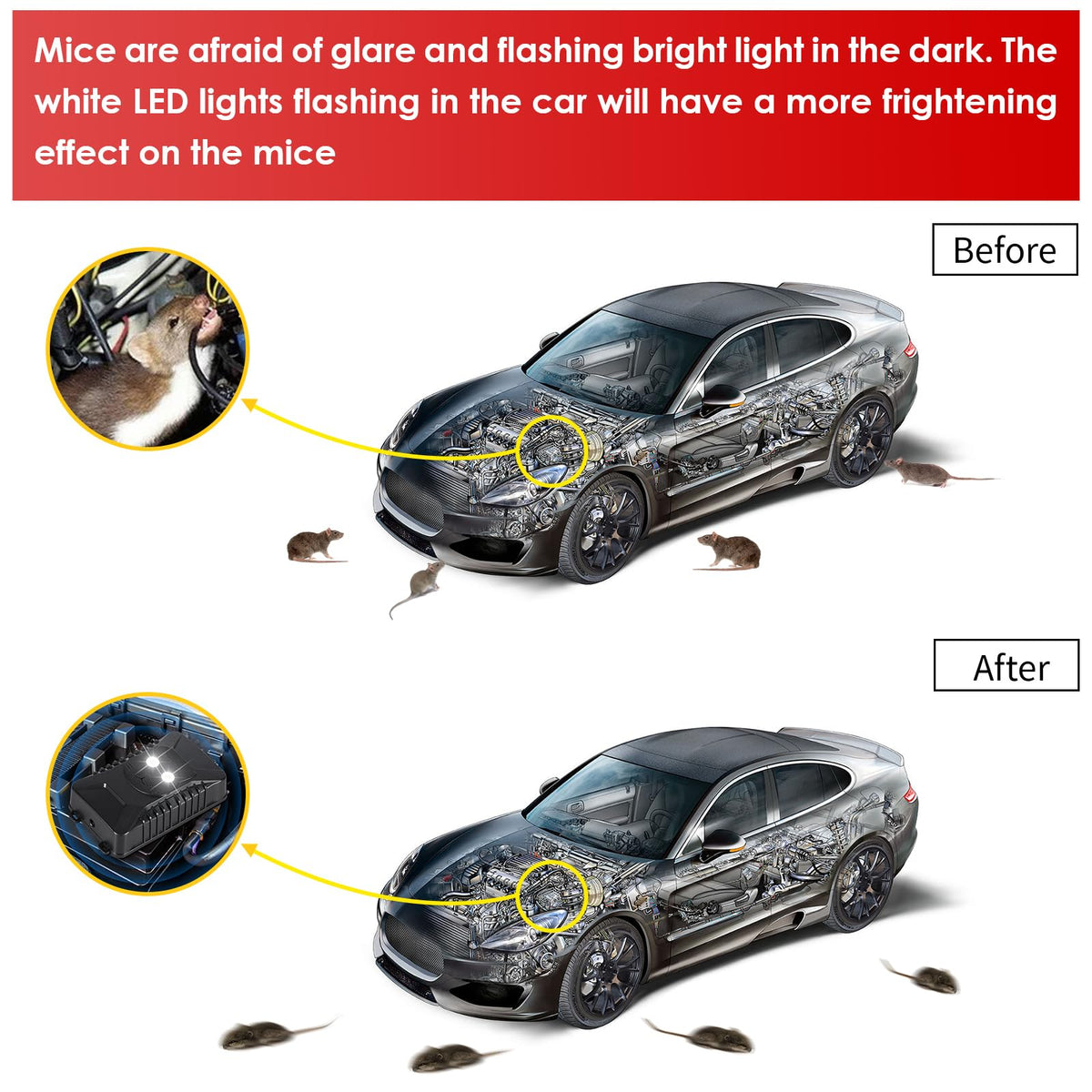 CXIENAOY battery-powered under-hood deterrent with cordless setup